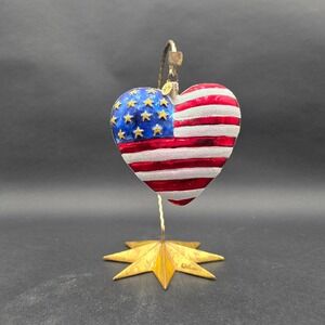 Christopher Radko American Flag Heart Ornament w Gold Star Display Stand AS IS